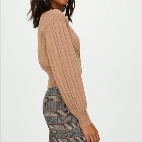 WILFRED Plunge Front Cardigan Wool Sweater Tan Brown xxs ARITZIA - Picture 6 of 14